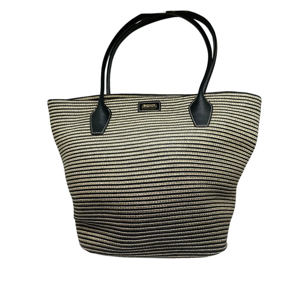 ERIC JAVITS Black Beige Straw Tote Leather Top Handle Bag Zipper Closure EUC